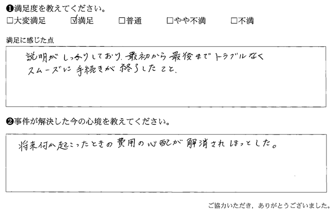 説明がしっかりしており、最初から最後までトラブルなくスムーズに手続きが終了した