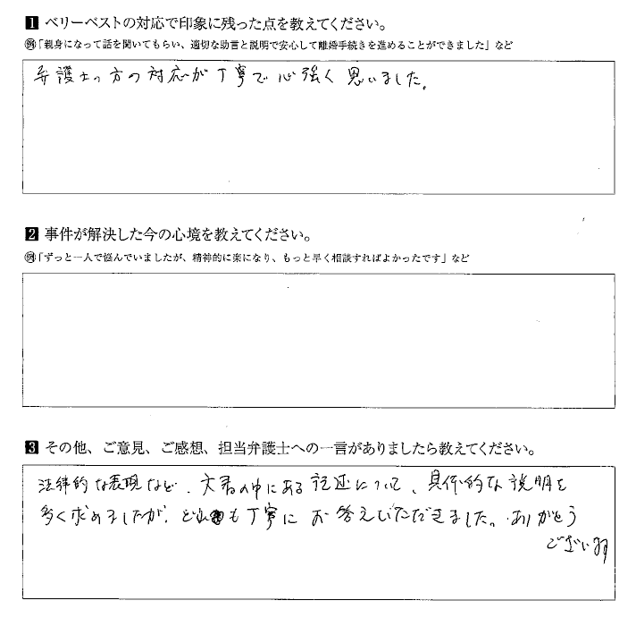 法律的な表現など、どれも丁寧にお答えいただきました。