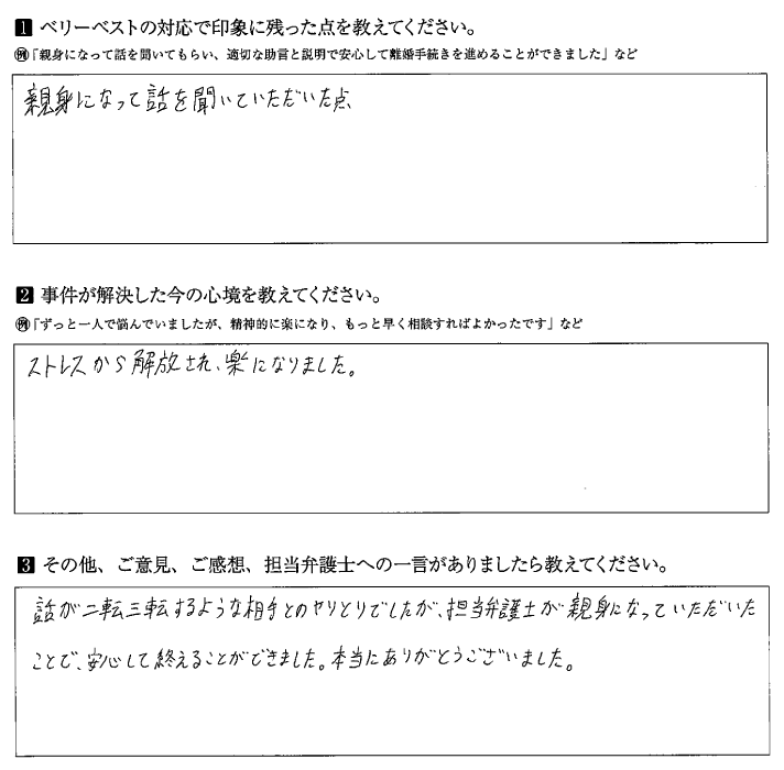 ストレスから解放され楽になりました