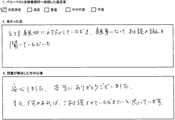 とても親切に対応していただき、親身になって相談の話を聞いていただいた